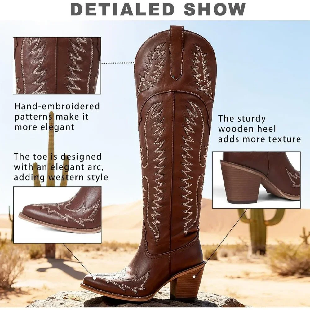 Women Over The Knee Western Boots Classic Embroidered Chunky Heel Slip On Brown